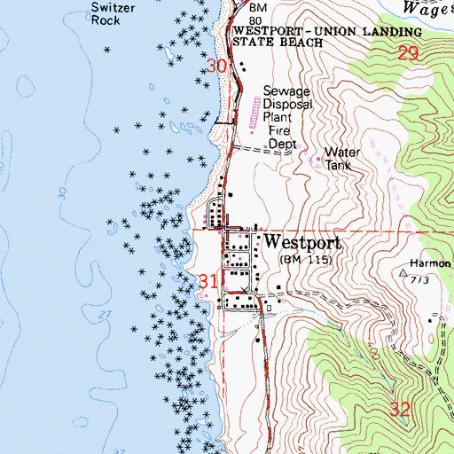 Topographic Map of Westport Village School, CA