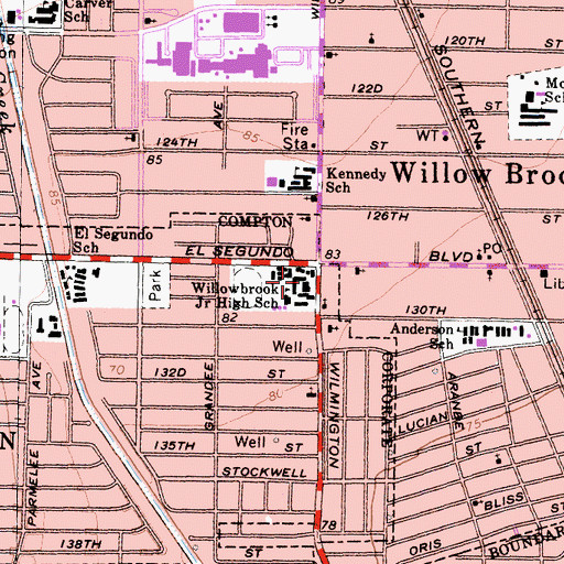 Topographic Map of Willowbrook Middle School, CA