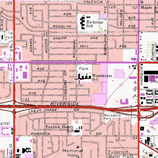 Topographic Map of Woodcrest Elementary School, CA
