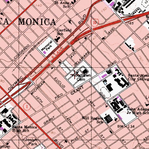 Topographic Map of Woodlawn Cemetery, CA