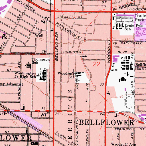 Topographic Map of Frank E Woodruff Elementary School, CA