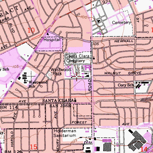 Topographic Map of Stratford School Santa Clara Winchester Campus, CA