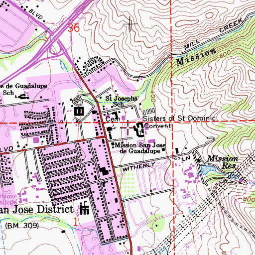 Topographic Map of Queen of the Holy Rosary College, CA