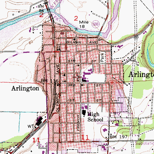 Topographic Map of Arlington School District 16 Office, WA