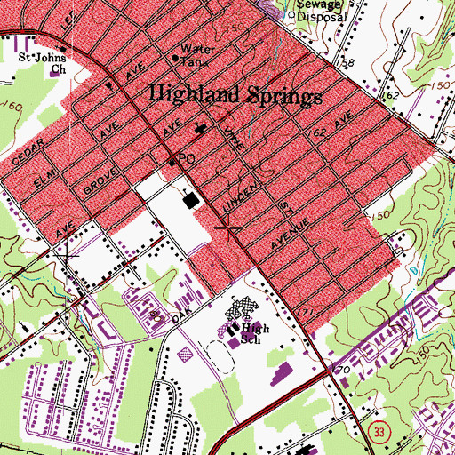 Topographic Map of Highland Springs Post Office, VA