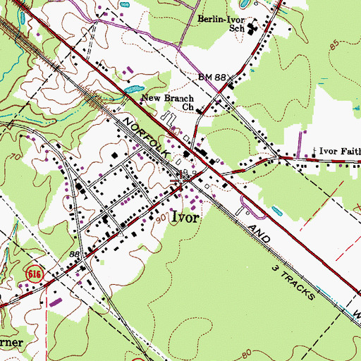Topographic Map of Ivor Post Office, VA