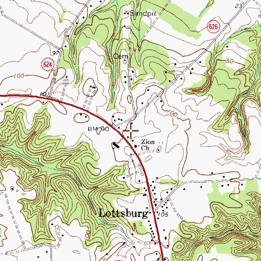 Topographic Map of Lottsburg Post Office, VA