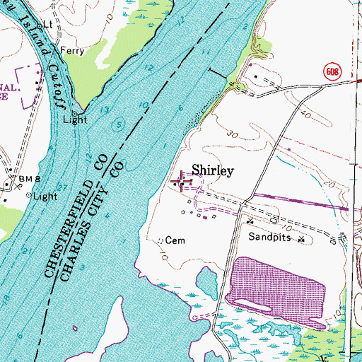 Topographic Map of Shirley Plantation, VA