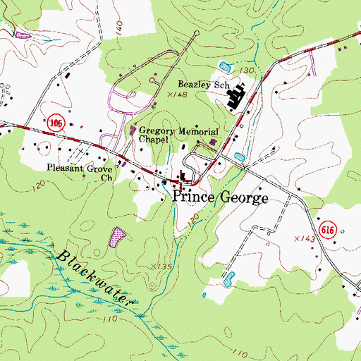 Topographic Map of Appomattox Regional Library System Prince George Library, VA