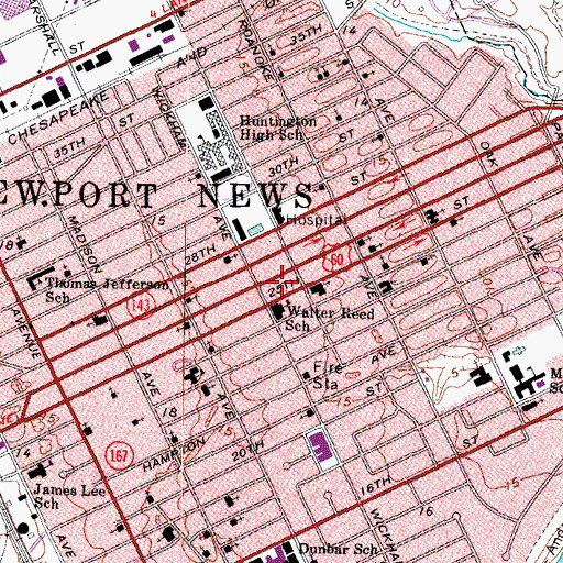 Topographic Map of Newport News City Public Library System Pearl Bailey Library, VA
