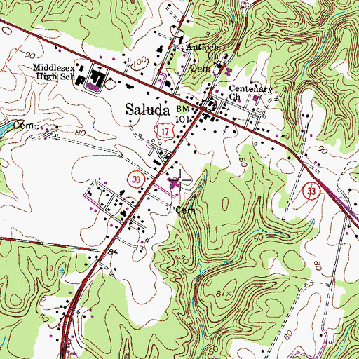 Topographic Map of Riverside Convalescent Center at Saluda, VA