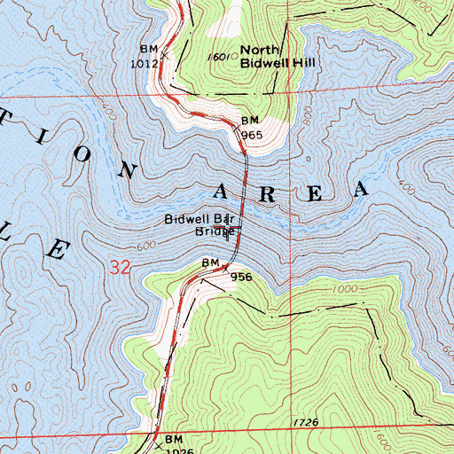 Topographic Map of Bidwell Bar Bridge, CA