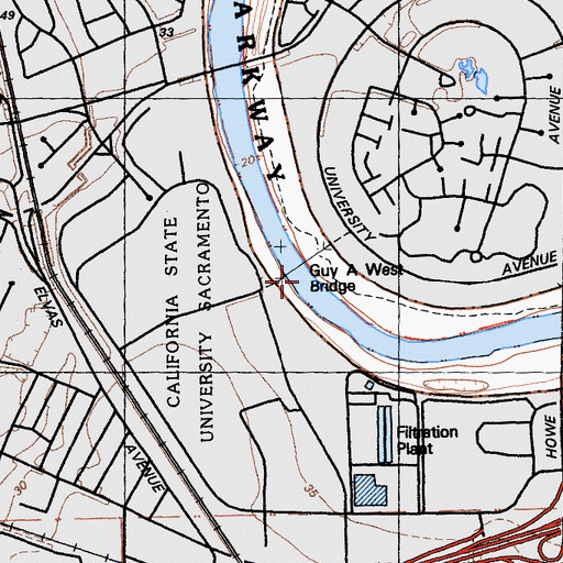 Topographic Map of Guy A West Bridge, CA