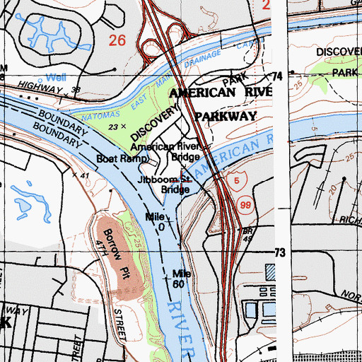 Topographic Map of Jibboom Street Bridge, CA