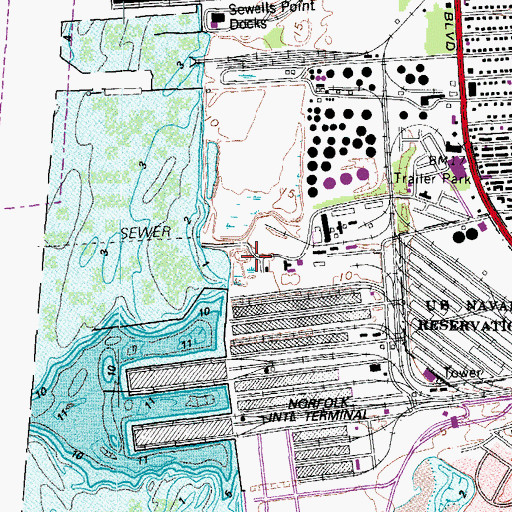 Topographic Map of Hampton Roads Sanitation District Army Base Sewage Treatment Plant, VA