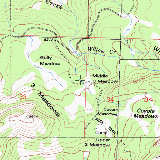 Topographic Map of Middle Three Meadow, CA