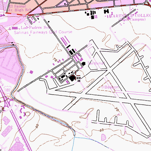 Topographic Map of Salinas Municipal Airport, CA