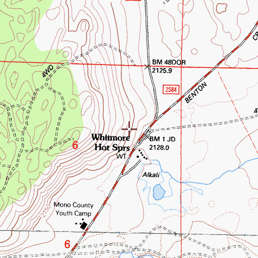 Topographic Map of Whitmore Hot Springs, CA