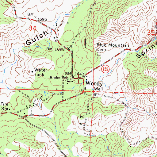 Topographic Map of Woody, CA