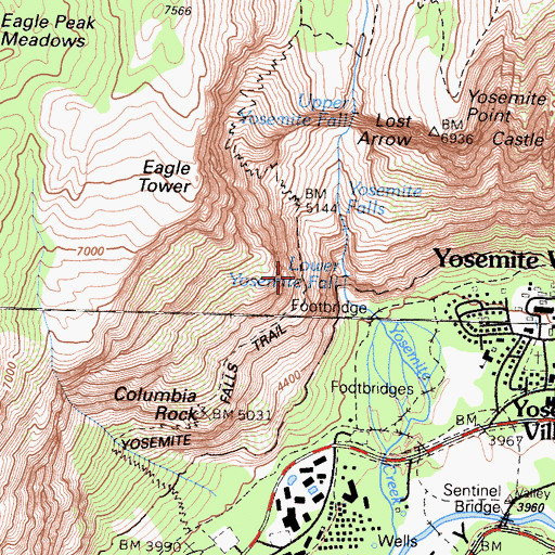 Topographic Map of Yosemite Falls Trail, CA