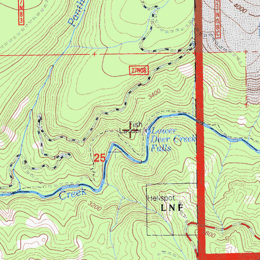 Topographic Map of Lower Deer Creek Falls, CA