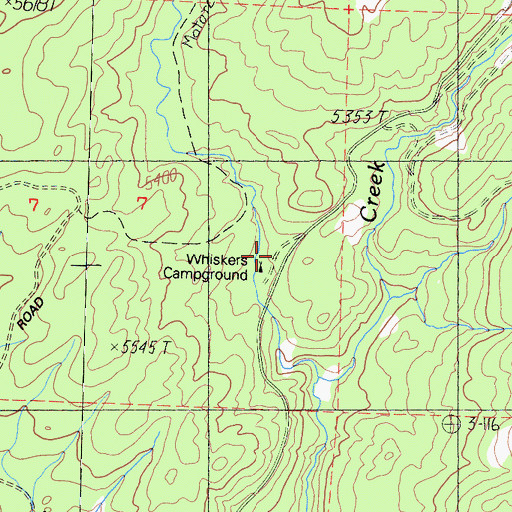 Topographic Map of Whiskers Campground, CA