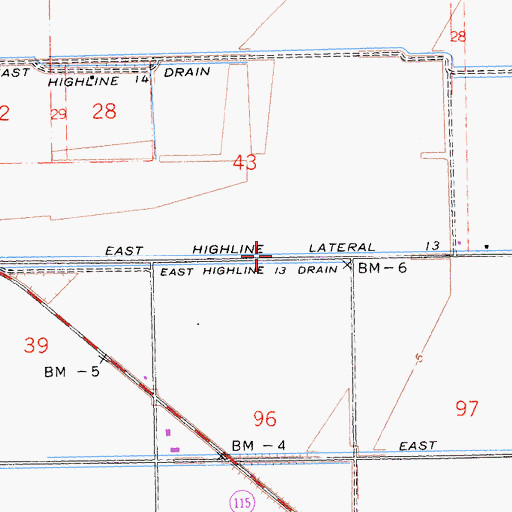 Topographic Map of East Highline Thirteen Drain, CA