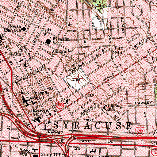 Topographic Map of Rose Hill Cemetery, NY