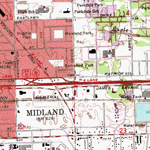 Topographic Map of Midland Church of Christ, MI