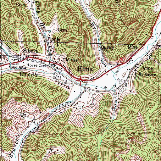 Topographic Map of Hima Railroad Station (historical), KY