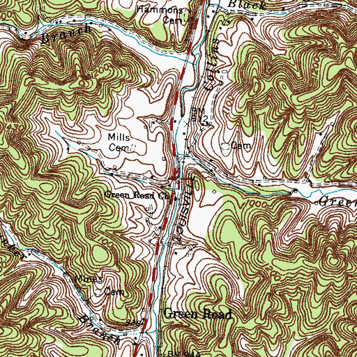 Topographic Map of Green Road Railroad Station (historical), KY