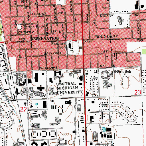 Topographic Map of Rowe Hall, MI