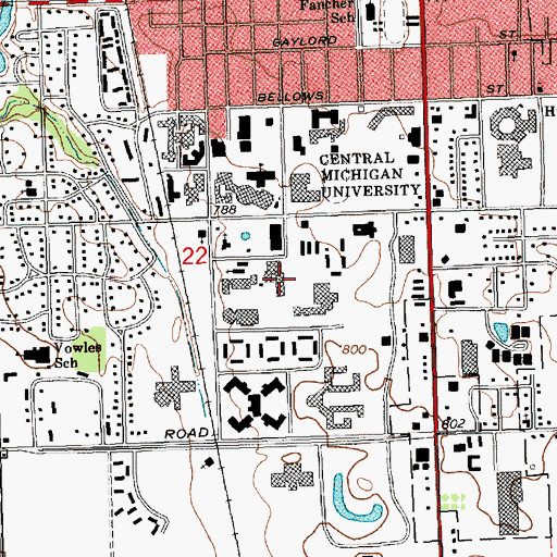 Topographic Map of Brooks Hall, MI