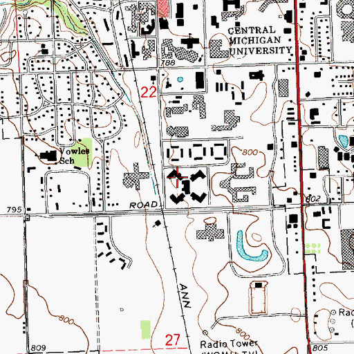 Topographic Map of Merrill Hall, MI
