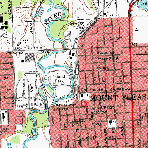 Topographic Map of Mount Pleasant City Hall, MI
