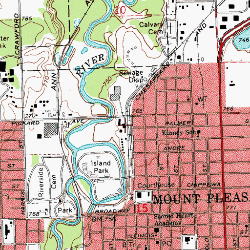 Topographic Map of Mount Pleasant Post Office, MI