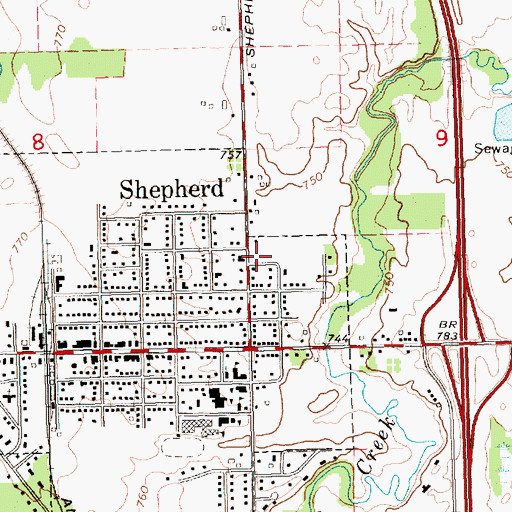 Topographic Map of Shepherd Tri - Township Fire Department Station 1 Headquarters, MI