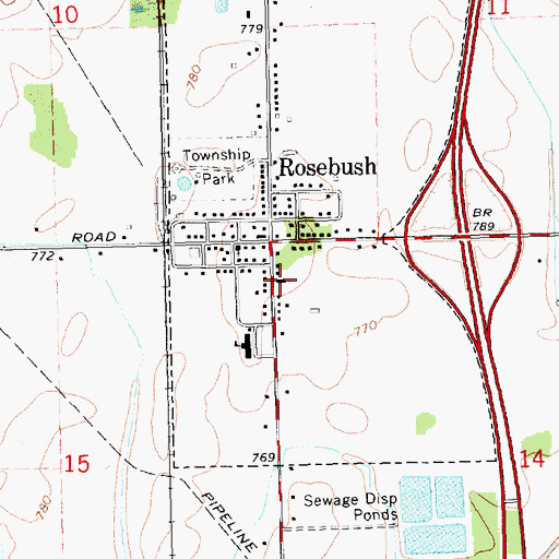 Topographic Map of Rosebush Presbyterian Church, MI