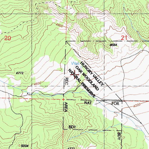 Topographic Map of Hungry Valley Oak Woodland Natural Preserve, CA