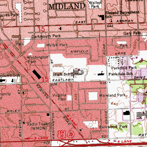 Topographic Map of Midland High School, MI