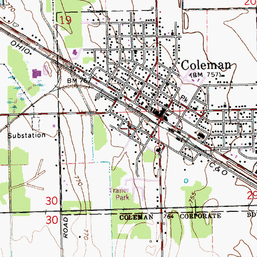 Topographic Map of Coleman Wesleyan Church, MI