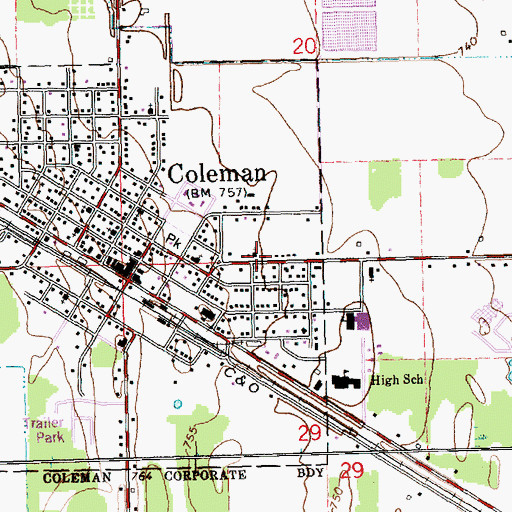 Topographic Map of Coleman Assembly of God Church, MI