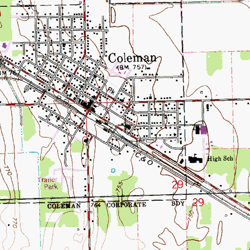 Topographic Map of Coleman Area Library, MI