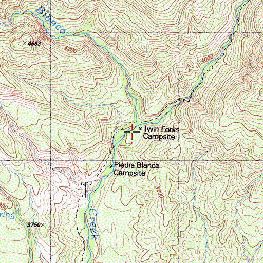Topographic Map of Twin Forks Campsite, CA