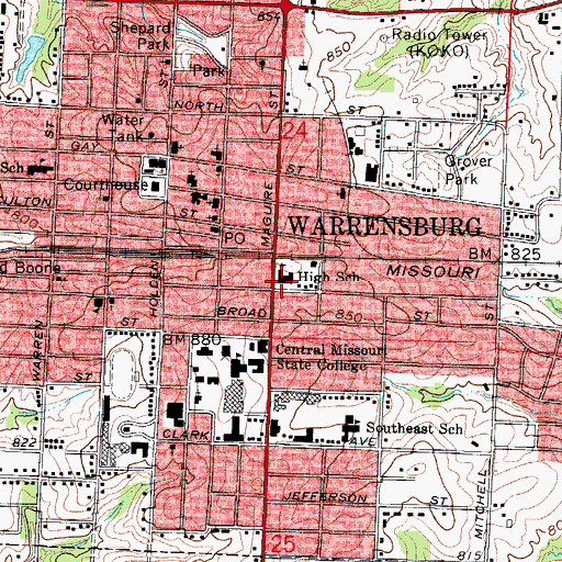 Topographic Map of Martin Warren Elementary School, MO