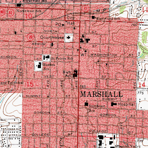 Topographic Map of Bueker Middle School, MO