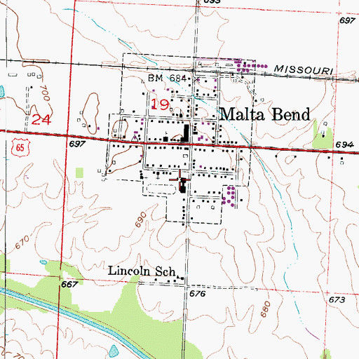 Topographic Map of Malta Bend Elementary School, MO