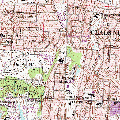 Topographic Map of Oakwood Manor Elementary School, MO