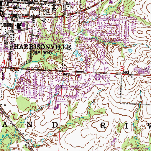 Topographic Map of Harrisonville Christian School, MO