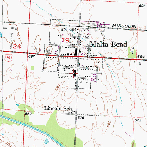 Topographic Map of Malta Bend High School, MO